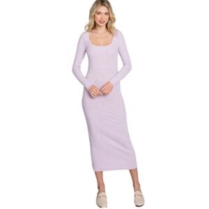 Reborn J Womens Ribbed Bodycon Long Sleeve Lilac Stretch Midi Dress One Size M L